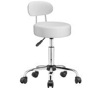BAKAJI Tabouret avec roulettes et Dossier, Chaise de Travail pivotante avec Support Dos, Assise Rembourrage 10 cm Simili Cuir et Base Acier, Hauteur réglable, pour esthéticienne, Bureau, Travail