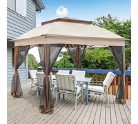 BAKAJI Tonnelle 3 x 3 mètres Pliable avec moustiquaires, Tissu Polyester, imperméable, Structure en métal, refermable à accordéon, Tente portative Juste marché Jardin extérieur + étui Beige