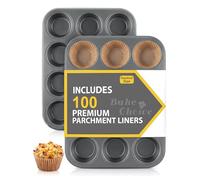 Bake Choice 2 Pièces Standard Moule a Muffin 12 Avec 100 Pièces Caissette Muffins Papier, Moule à Muffins Carbone, Anti-Adhésif,Le Diamètre de la Base de la Tasse est de 5 cm