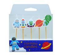 Baked With Love Lot de 5 bougies de gâteau spatiales lumineuses avec fusée, astronaute, Saturne, terre, vaisseau spatial extraterrestre, photos en bambou