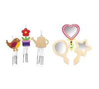 Baker Ross Carillons en Bois sur Le thème du Jardin (Lot de 4) Que Les Enfants pourront décorer et Exposer. AW419 & Lot de 3 Miroirs en Bois à Personnaliser pour Enfants