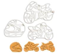 Bakerlogy Emporte-pièce Moto (3 pièces) - Casque, Cavalier, Motocyclette - Blanc - 3D Imprimé - Compatible Lave-vaisselle