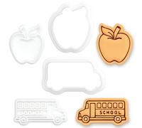 BAKERLOGY Lot de 2 Mini Emporte-pièces Bus Scolaire & Pomme avec Tampons - Embosseurs pour Pâte à Sucre, Biscuits, Rentrée des Classes, Cadeau Maître ou Maîtresse, Salle de in de Maternelle