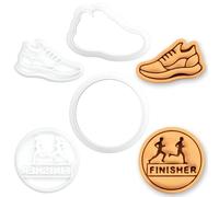 BAKERLOGY Lot de 2 Mini Emporte-pièces Médaille Finisher & Chaussure de Course avec Tampons - Embosseurs pour Pâte à Sucre, Biscuits, Cupcakes, Marathon, Semi-Marathon, Course à Pied, Athlétisme