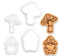 BAKERLOGY Lot de 2 Mini Emporte-pièces & Tampons Amanite & Gnome Champignon - Embosseurs Fondant pour Biscuits, Cupcakes, Fête Cottagecore, Anniversaire Forêt, Forêt Enchantée & Jardin de Fées