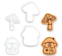 BAKERLOGY Lot de 2 Mini Emporte-pièces & Tampons Amanite & Maison Champignon - Embosseurs Fondant pour Biscuits, Cupcakes, Fête Cottagecore, Anniversaire Forêt, Forêt Enchantée & Jardin de Fées