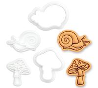 BAKERLOGY Lot de 2 Mini Emporte-pièces & Tampons Champignon & Escargot de Jardin - Découpe Biscuit pour Pâte à Sucre, Nature, Forêt, Fête Jardin, Cupcakes
