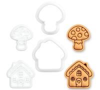 BAKERLOGY Lot de 2 Mini Emporte-pièces & Tampons Champignon & Maison de Campagne - Découpe Biscuit pour Pâte à Sucre, Jardin Féerique, Cottagecore, Cupcakes