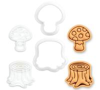 BAKERLOGY Lot de 2 Mini Emporte-pièces & Tampons Champignon & Souche d'Arbre - Découpe Biscuit pour Pâte à Sucre, Jardin Féerique, Cottagecore, Cupcakes