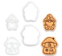 BAKERLOGY Lot de 2 Mini Emporte-pièces & Tampons Maison Champignon & Gnome - Embosseurs Fondant pour Biscuits, Cupcakes, Fête Cottagecore, Anniversaire Forêt, Forêt Enchantée, Jardin de Fées & Noël