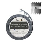 BAKOKI Bordure de pelouse Flexible (10 m | 40 piquets d'ancrage | 6 cm de Hauteur) - en Plastique Gris - Bordure de pelouse résistante aux intempéries - Bordure de Parterre de Fleurs - Bordure de