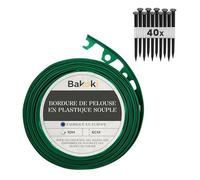 BAKOKI Bordure de pelouse Flexible (10 m | 40 piquets d'ancrage | 6 cm de Hauteur) - en Plastique Vert - Bordure de pelouse Ronde - Bordure de Parterre de Fleurs - Bordure de Tonte