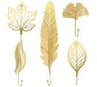 Balacoo 5 Crochets Muraux en Fer Doré Forme Feuille Plume pour Rangement Clés et Manteaux, Solides et Peu Encombrants, Pack de 5, Chambre et Salle de Bain