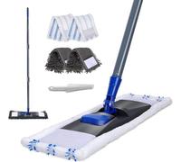 Balai à franges avec manche télescopique de 128 cm, nettoyeur de carrelage avec 4 disques de nettoyage pour le bois, le stratifié, le carrelage et le marbre, élimine la poussière - Gris