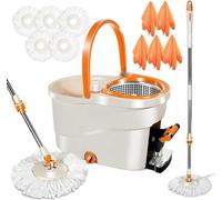 Balai à franges Dweil avec tête de rechange en microfibre - Kit avec système centrifuge - 5 têtes de rechange en microfibre - Manche télescopique de 145 cm - Fonction d'essorage