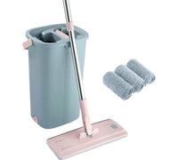 Balai à franges en microfibre avec manche en acier inoxydable, réservoir innovant à double compartiment pour le nettoyage humide et sec. 2 tampons recyclés, convient à tous les types de sols.
