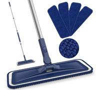 Balai à franges en microfibre pour le nettoyage des sols - Balai à sol plat BPAWA avec 4 patins réutilisables lavables et secs en chenille à long manche réglable, carrelage, vinyle
