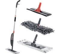 Balai à franges plat avec fonction spray - Balai 3 en 1 - Tête pivotante - Microfibre - Lot de 3 housses de rechange