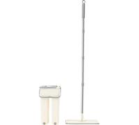 Balai à franges plat pour sols et murs - Kit balai à franges et seau - 10 tampons plats en microfibres - Long manche en acier inoxydable - Seau avec bouchon de vidange