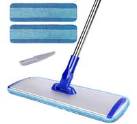 Balai à franges professionnel en microfibre de 45,7 cm - Balai plat avec poignée en acier inoxydable, 2 tampons lavables réutilisables, bois dur et stratifié (bleu)
