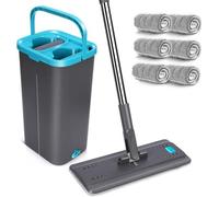 Balai à triple action à vapeur en microfibres à poils longs, 149 cm - Bac de rinçage - Mains propres - Éponge rotative - Seau autonettoyant - 6 chiffons réutilisables - Poignée en acier inoxydable.