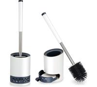 Balai de toilette en silicone, support mural et tiroir réservoir amovible, balai de toilette vertical, manche long en acier inoxydable, sans percer, gris et blanc