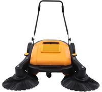 Balai manuel avec une largeur de balayage de 105 cm, un réservoir de 55 litres et une capacité de balayage de 3680 m²/h. Balai à feuilles en plastique ABS, activation par bouton. Machine de nettoyage