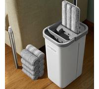 Balai plat à microfibre - Seau à deux compartiments avec essoreuse - Manche télescopique 66 à 155 cm - 8 recharges - Humide et sec