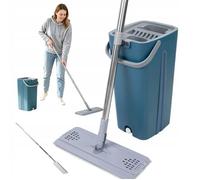 Balai plat-ensemble-seau+lingette microfibre-doux-antitrace-sols/fenêtres/murs-plastique-léger-bleu