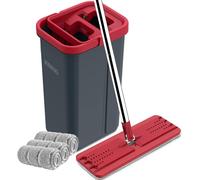 Balai plat microfibre - Avec essoreur - Noir et rouge - 3 tampons microfibre - Nettoyage sans contact des mains