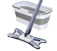 Balai plat rotatif, X-Mop avec essoreuse, seau pliant de 16 litres, tampon en microfibres, ensemble complet,