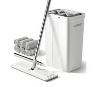 Balai serpillère avec seau et essoreur - Serpillière plate - Tête pivotante 360 degrés - Manche réglable 67 à 152 cm - 6 tampons microfibre