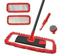 Balai Serpillère Plat en Microfibre Rotatif à 360°, Vadrouille pour Nettoyage de Sol Sec & Humide avec Manche et 2 Tampons (Rouge)