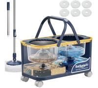 Balai Serpillère Seau Essoreur, Ensemble Serpillère et Seau de Netage avec 4 Chambres et 4 Roues, Sépare L Bleu