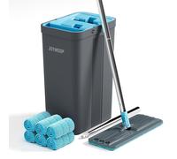 Balai serpillière avec seau - Mop microfibre 360 degrés - Avec essoreur - 6 têtes de nettoyage - Gris et bleu cyan