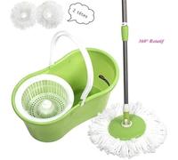 Balai Serpillière Rotatif 360° Vadrouille Rotatif Nettoyage de Sol avec 2 Têtes de Vadrouille Microfibre Hauteur Réglable Vert