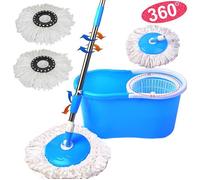 Balai Serpillière Rotatif 360° Vadrouille Rotatif Nettoyage de Sol avec 2 Têtes de Vadrouille Microfibre Hauteur Réglable Bleu