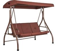 Balançoire de jardin 3 places, balancelle convertible, porche extérieur avec auvent réglable, coussin épais amovible et structure en acier allié, pour balcon, jardin, bord de piscine, marron