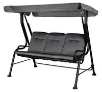 Balançoire de jardin en acier, modèle "Hollywood" pour 3 personnes, avec auvent réglable, revêtue de Textiline, couleur noire. Protection UV. Poids : 41 kg. Dimensions : 200 x 120 x 170 cm