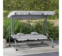 Balançoire d'extérieur type "Hollywood" 2-en-1 avec fonction transat, 3 places, en acier, couleur gris clair | 200x120x164cm | 340kg | Toit réglable, résistant à l'eau, tables latérales, pour jardin