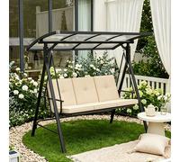 Balançoire Hollywood BEALIFE, 3 places, avec toit et coussins | Capacité de charge : 230 kg | Balançoire de jardin pour terrasse et jardin | Jaune clair | CD02