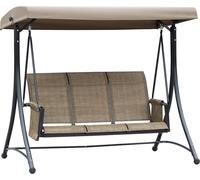Balançoire hollywood en aluminium 3 places, 196 x 128 x 172 cm, marron, pare-soleil réglable, poches de rangement sur les accoudoirs, tissu en maille respirante