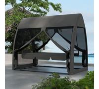 Balançoire hollywoodienne 3 places avec fonction inclinable, moustiquaire, balançoire de jardin convertible en lit, couleur grise | 240 x 140 x 197 cm | Structure en acier | Résistante aux intempéries