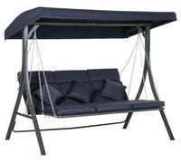Balançoire hollywoodienne avec auvent réglable – 3 places | Couleur : Bleu foncé + Noir | Dimensions : 118 x 198 x 168 cm