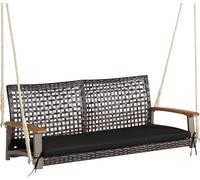 Balançoire suspendue en rotin, banc suspendu pour jardin avec coussin de siège, double balançoire en rotin PE avec cordes pour terrasse, balançoire "Hollywood" avec dossier et accoudoirs en bois (noir