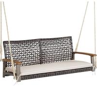 Balançoire suspendue en rotin, banc suspendu pour jardin avec coussin de siège, double balançoire en rotin PE avec cordes pour terrasse, balançoire "Hollywood" avec dossier et accoudoirs en bois (beig
