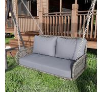 Balançoire suspendue pour 2 personnes, en résine tressée, avec coussin de siège et chaînes. Banc suspendu de style hollywoodien, idéal pour jardin, balcon. Capacité maximale : 320 kg (gris)