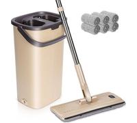 Balayette à double tête avec seau, balai circulaire plat de 132 cm avec manche en acier inoxydable et 6 têtes en microfibre, balai pour voiture avec fonction de pression pour le bois, les lames et le