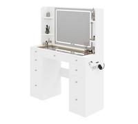 Balconera Grande Coiffeuse LED Règlable + Prises - Bureau Transparent, 9 Tiroirs Divisés, Blanche