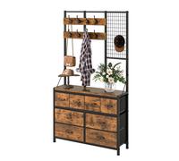 Balconera Porte-Manteau sur Pied Industriel - 8 Tiroirs, 8 Crochets, Tringle Vêtements, Couloir Salon, Marron Rustique